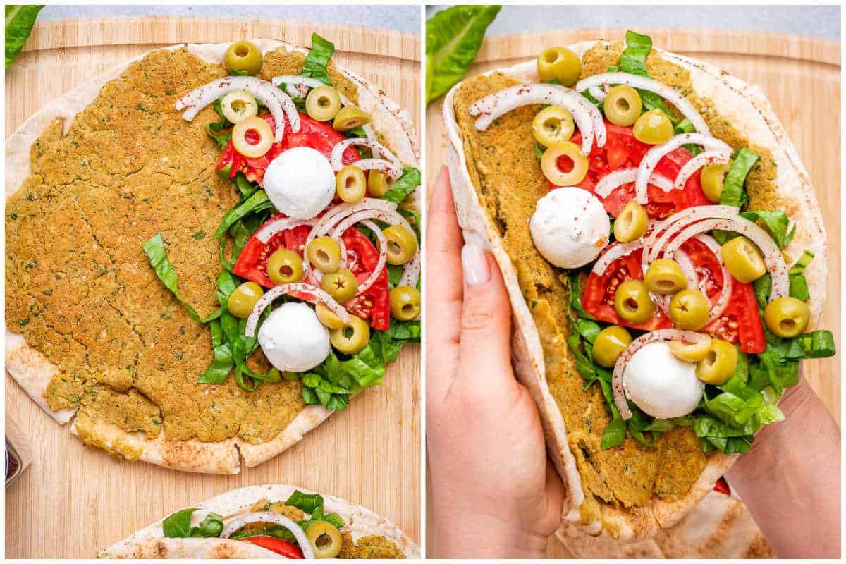assembling the smash pita with the falafel garnishes. 
