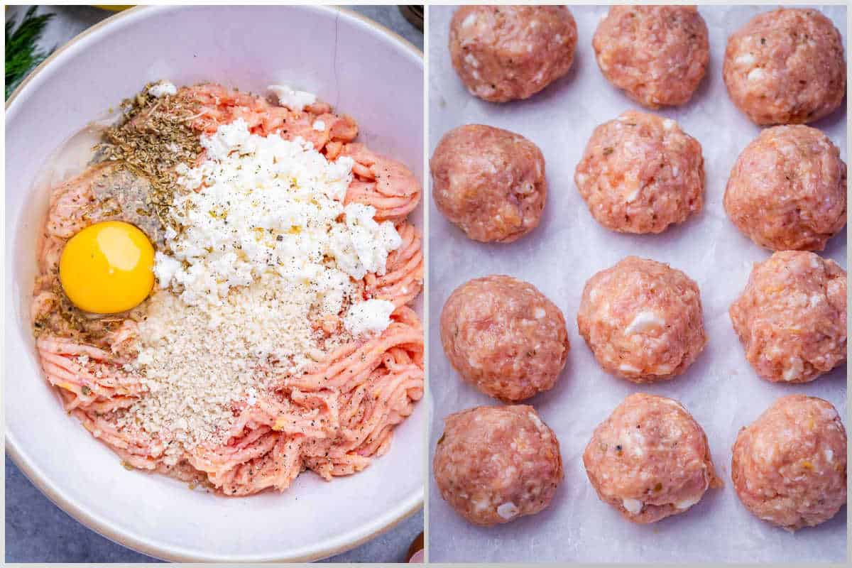 process shot to mix the ingredients for the meatballs and forming the meatballs to place on a sheet pan.
