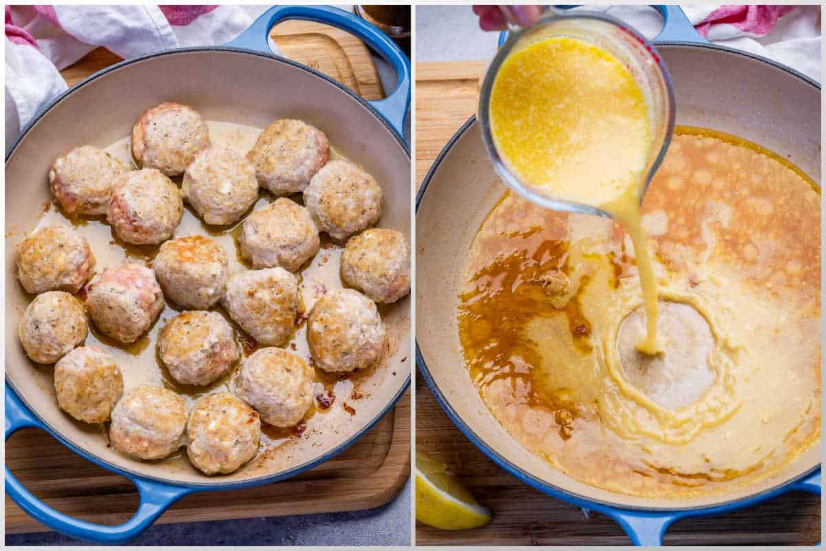process shot to cook the chicken meatballs in a pan and making the lemon sauce.