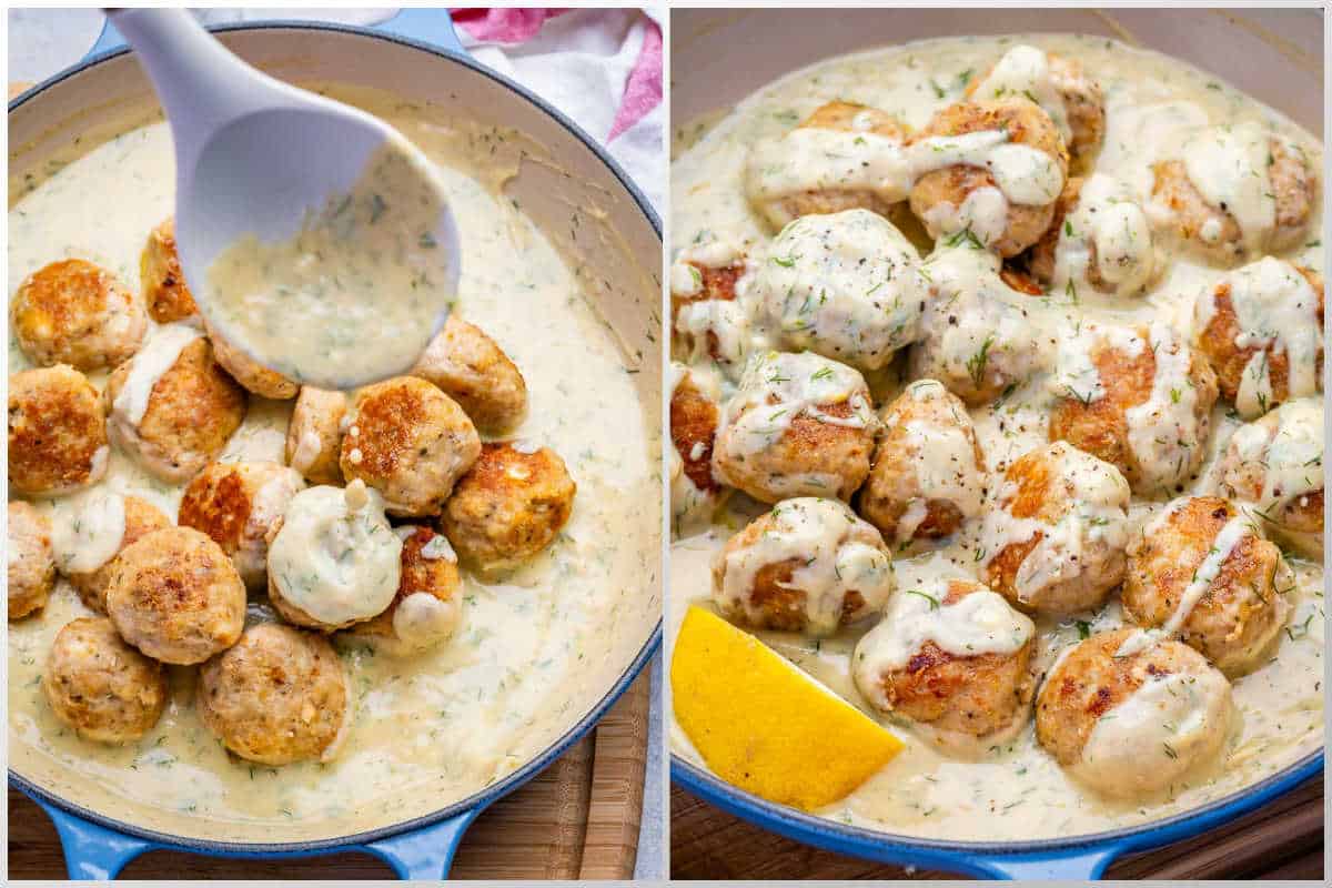 process shot to add meatballs in the lemon sauce and serving in a pan.