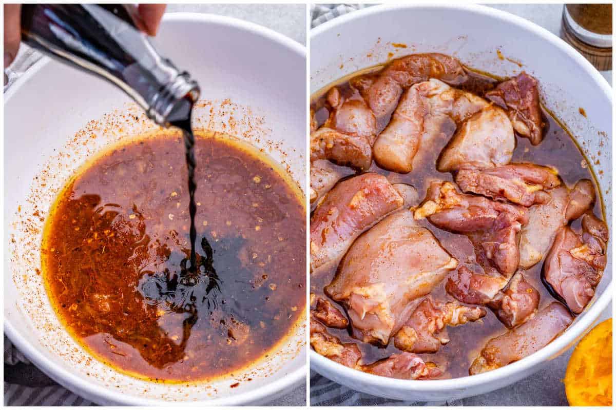 process shot to make the marinade for the chicken thighs and then marinating in a bowl.