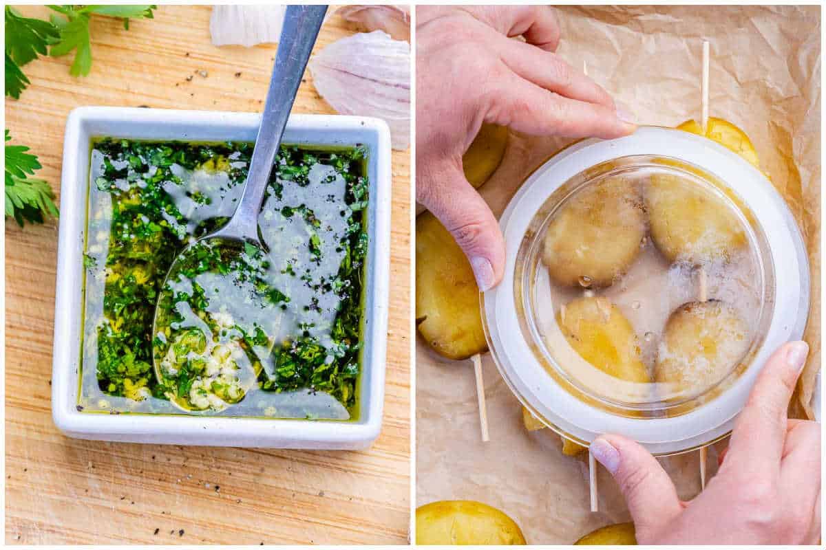 process shot to make the garlic oil sauce, and then lightly smashing potatoes on parchment paper.