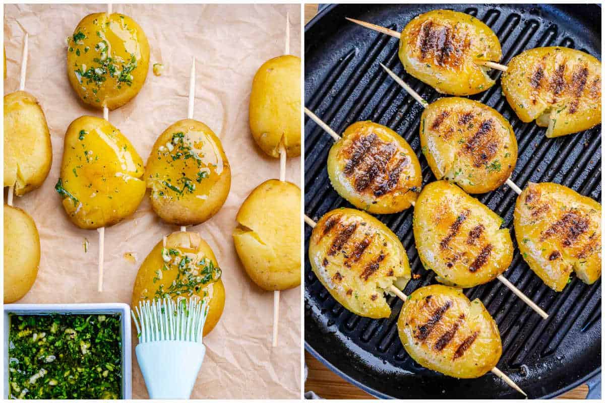 brushing garlic oil over potatoes and then grilling on a pan.