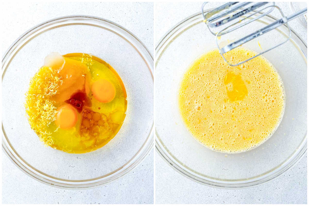 preparing the wet ingredients for the olice oil cake.