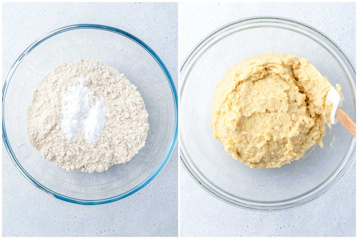 mixing the wet and dry ingredients in a bowl.
