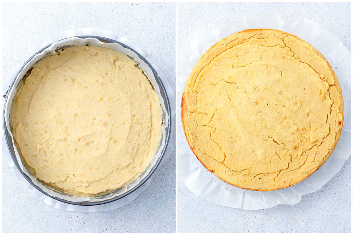 adding the batter to a pan and baking the cake.