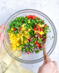 mixing pico de gallo with mango in a bowl.