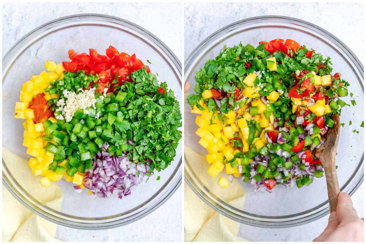 ingredients for mango pico de gallo added to a bowl.