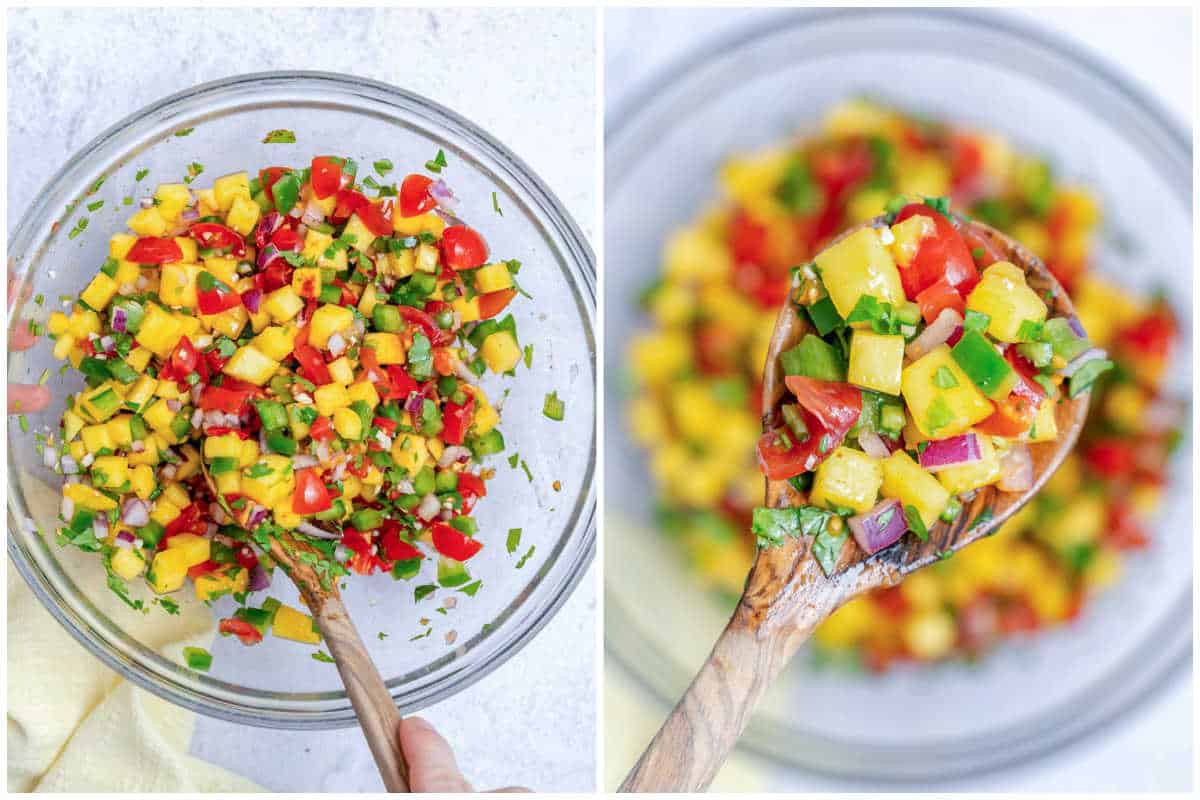 mango pico de gallo being mixed in a bowl.