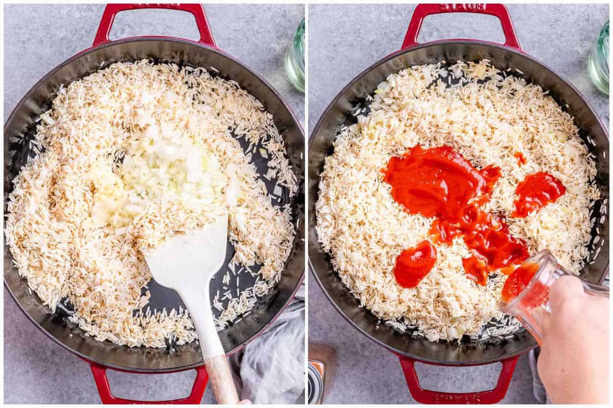 collage for toasting rice on a skillet and adding tomato puree.