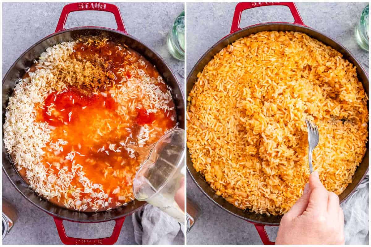 collage for cooking rice with broth and then fluffing with fork.