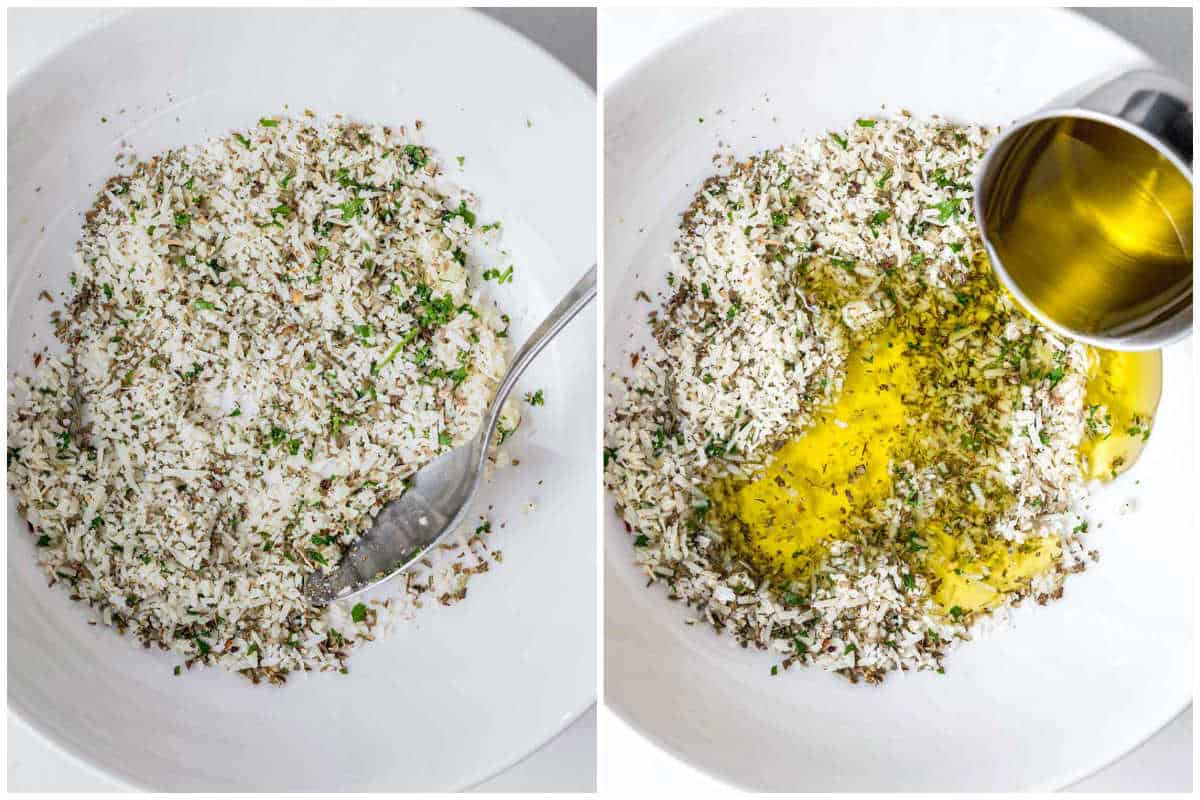 collage to add the ingredients for bread dip to a bow, and then adding oil over it.