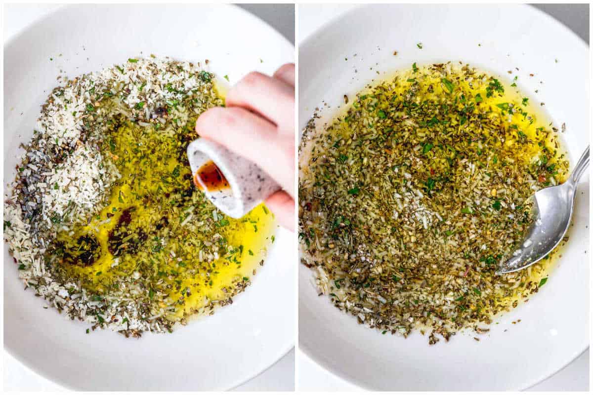 collage for mixing the ingredients for the olive oil bread dip in a bowl.