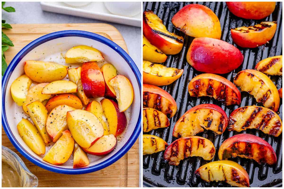 process shot to season peaches and grilling on a pan.
