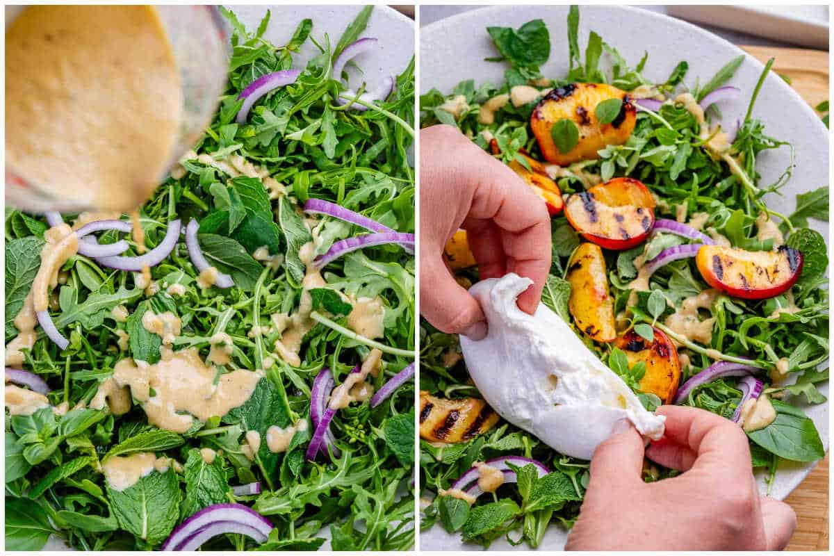 process shot to assemble the salad and adding burrata over to it.