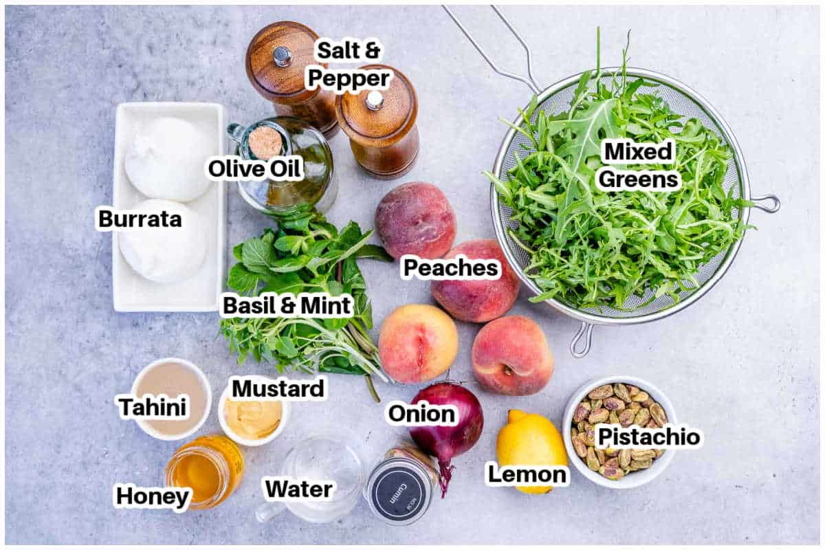 ingredients for peach burrata salad.