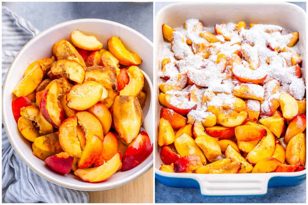 process shot of prepare peach in a dish and topping with cake mix flour.