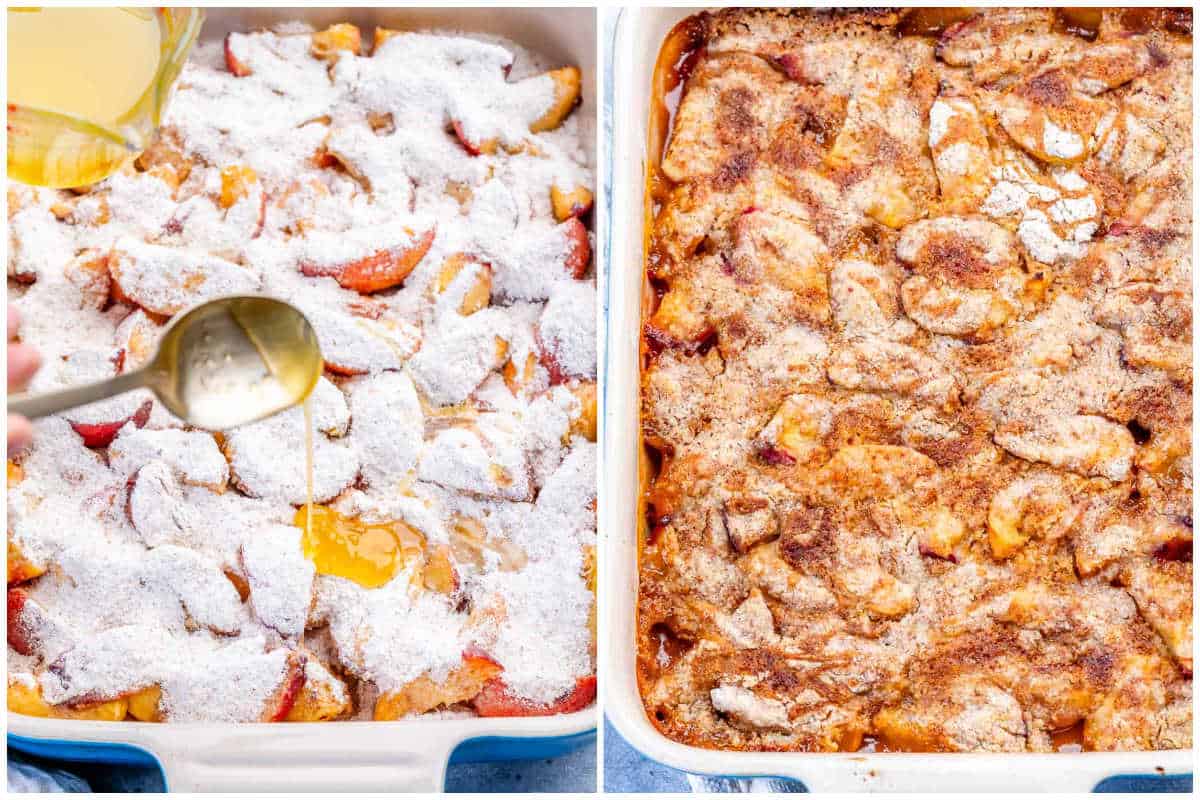 process shot to add the honey butter over the fresh peaches in a dish.
