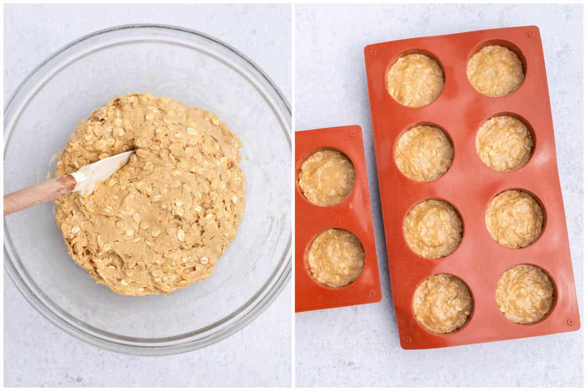 placing the peanut butter dough in the silicone molds.