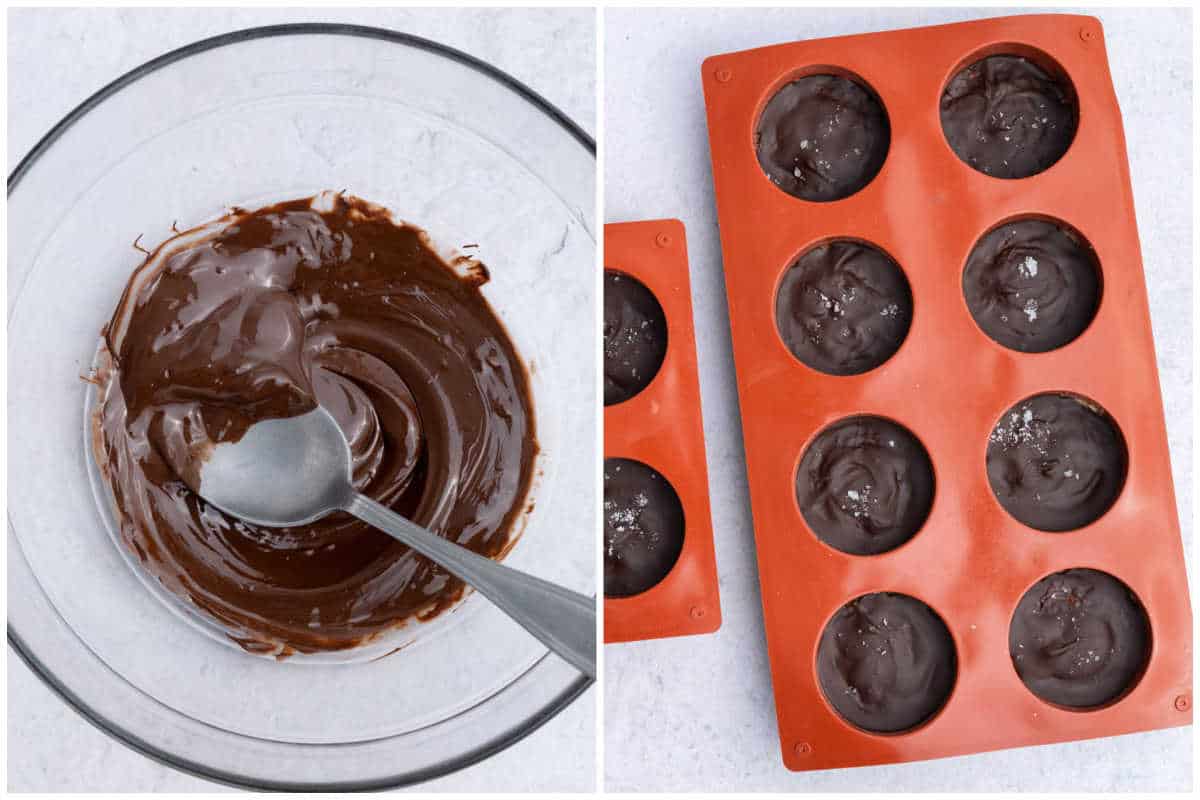 collage for melting chocolate and adding melted chocolate over the peanut butter oat base.