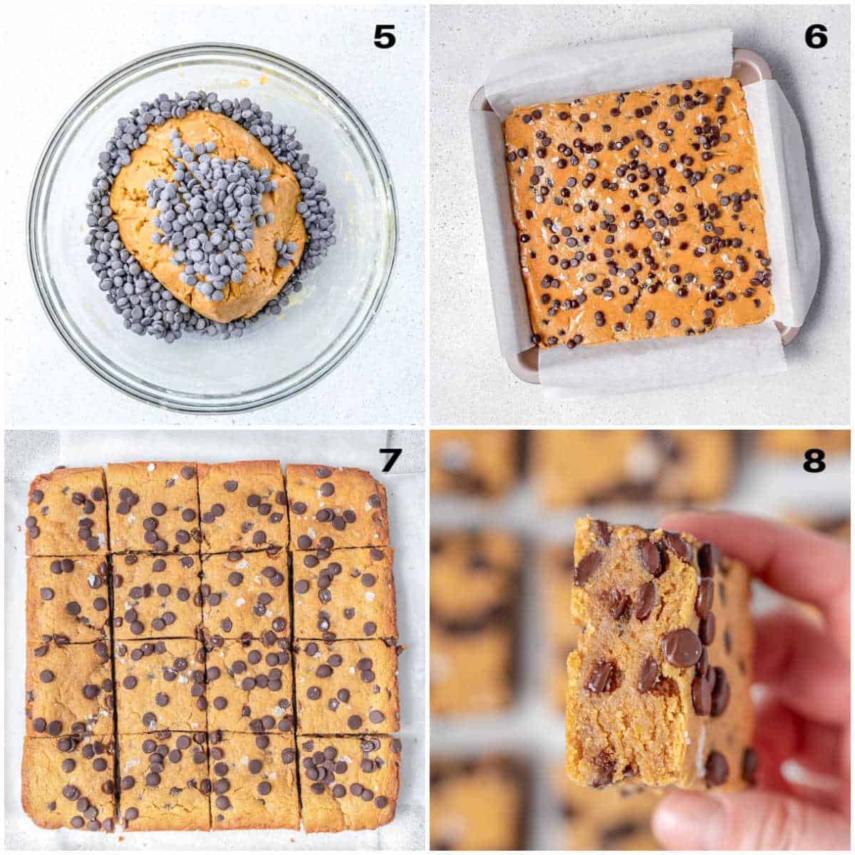 process shot for adding chocolate chips to cookie dough, placing in a dish, and then baking.
