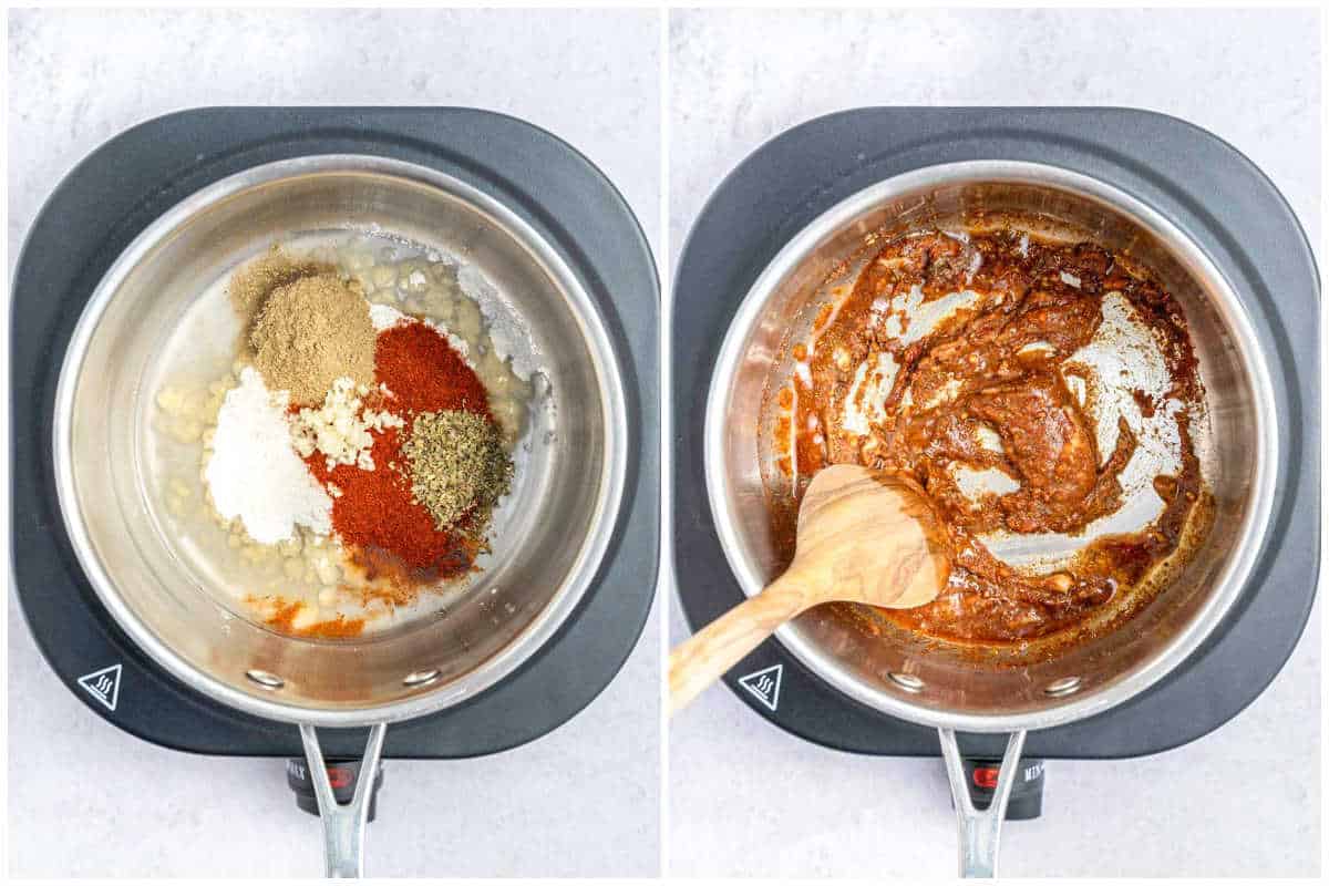 Cooking the seasonings in a saucepan and mixing.
