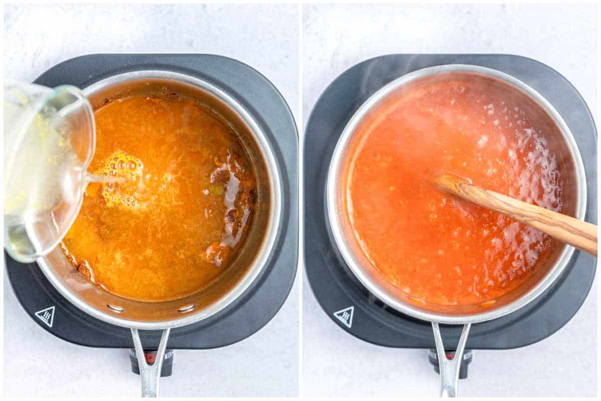 Adding broth to the sauce in the pan to make the enchilada sauce and mixing.