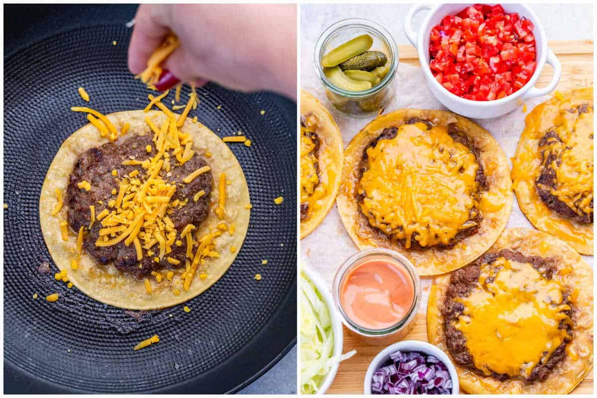 cooking the smash burger taco on a pan and adding shredded cheese.
