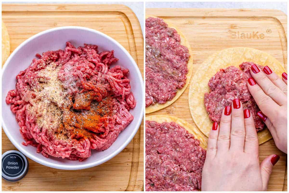 seasoning ground beef and adding it to tortilla.