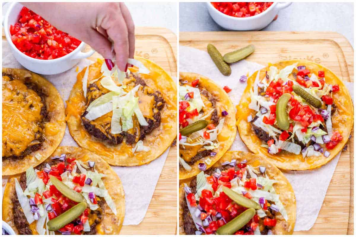 adding toppings to the smash burger tacos.