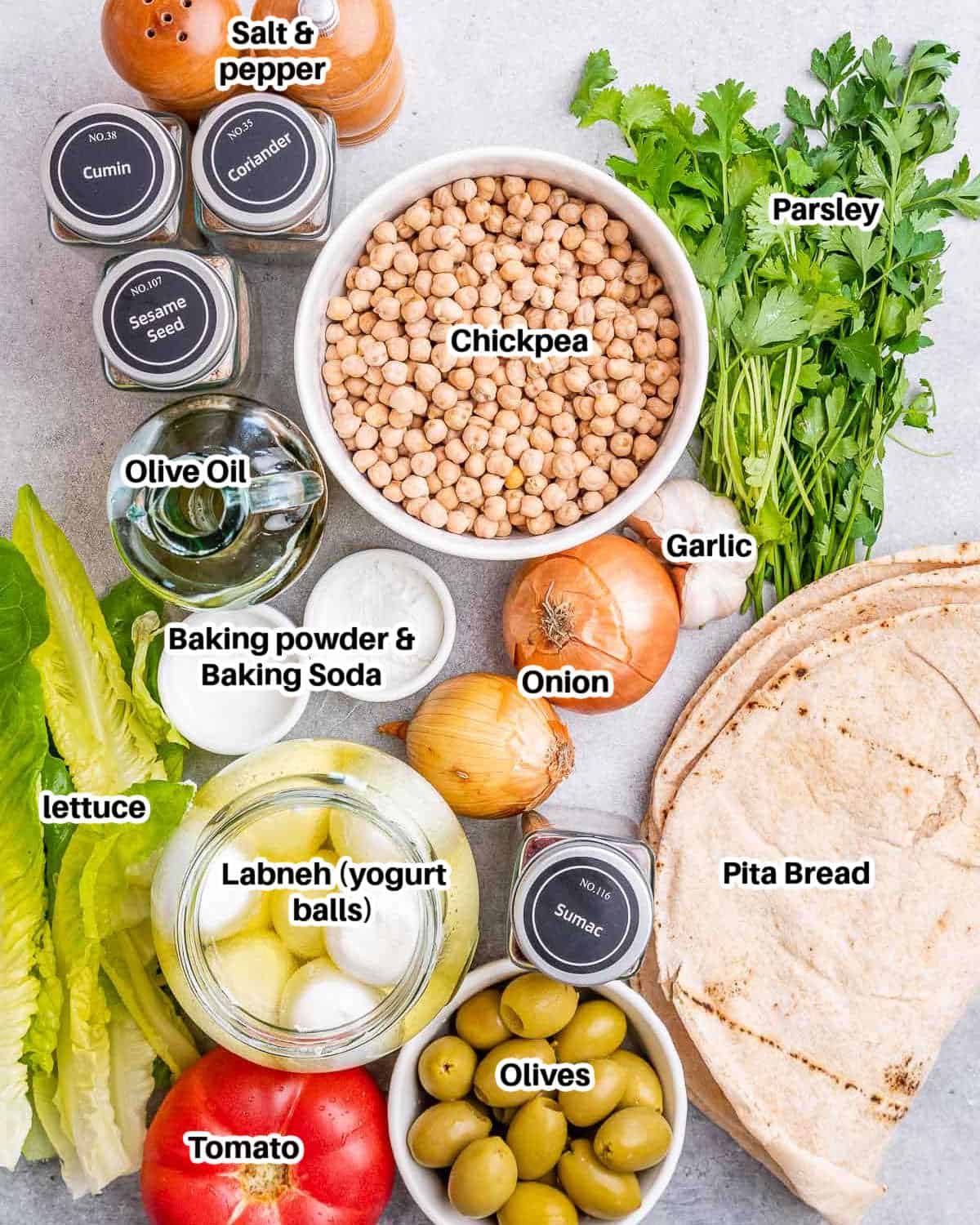 ingredients for smash falafel pita.
