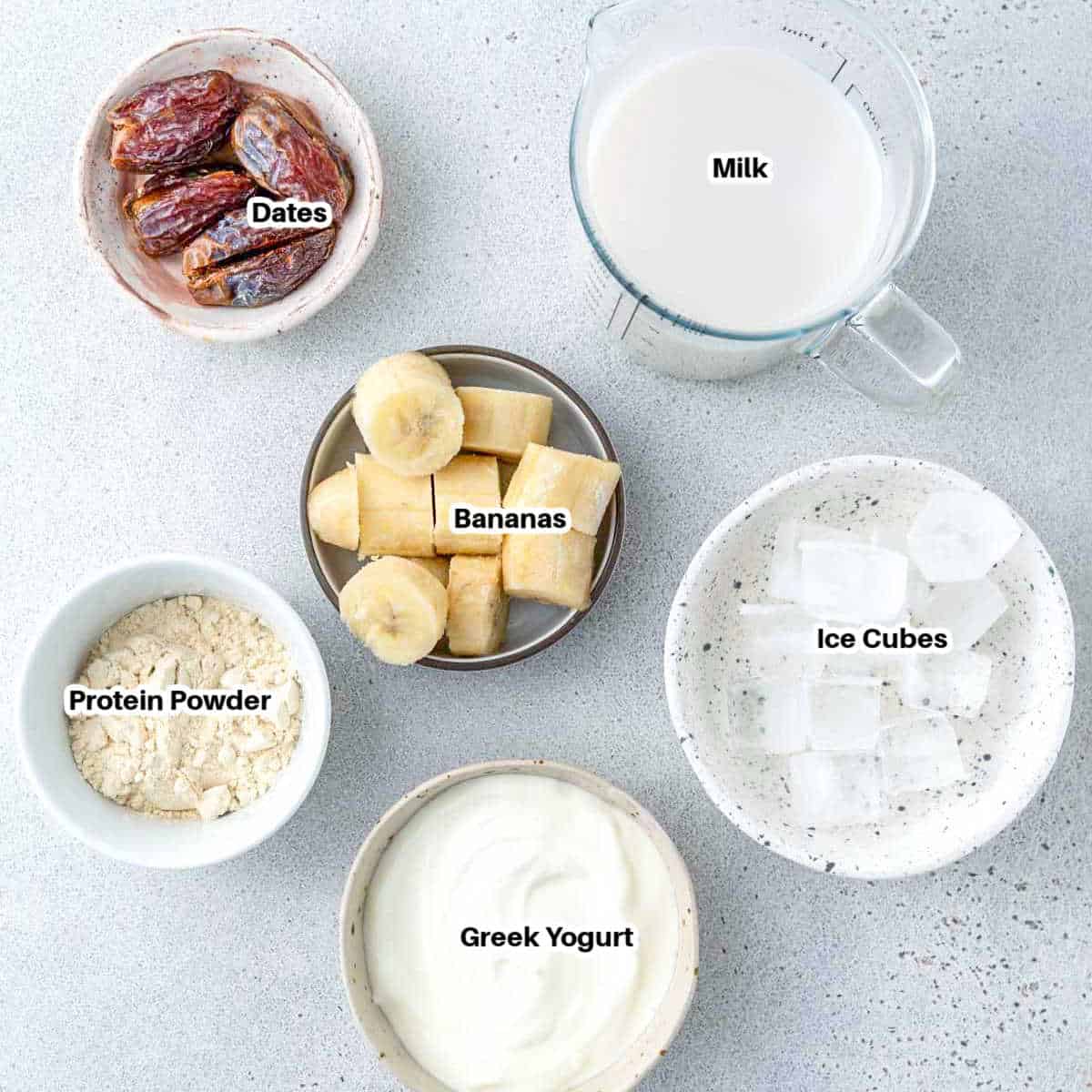 ingredients for vanilla protein shake.