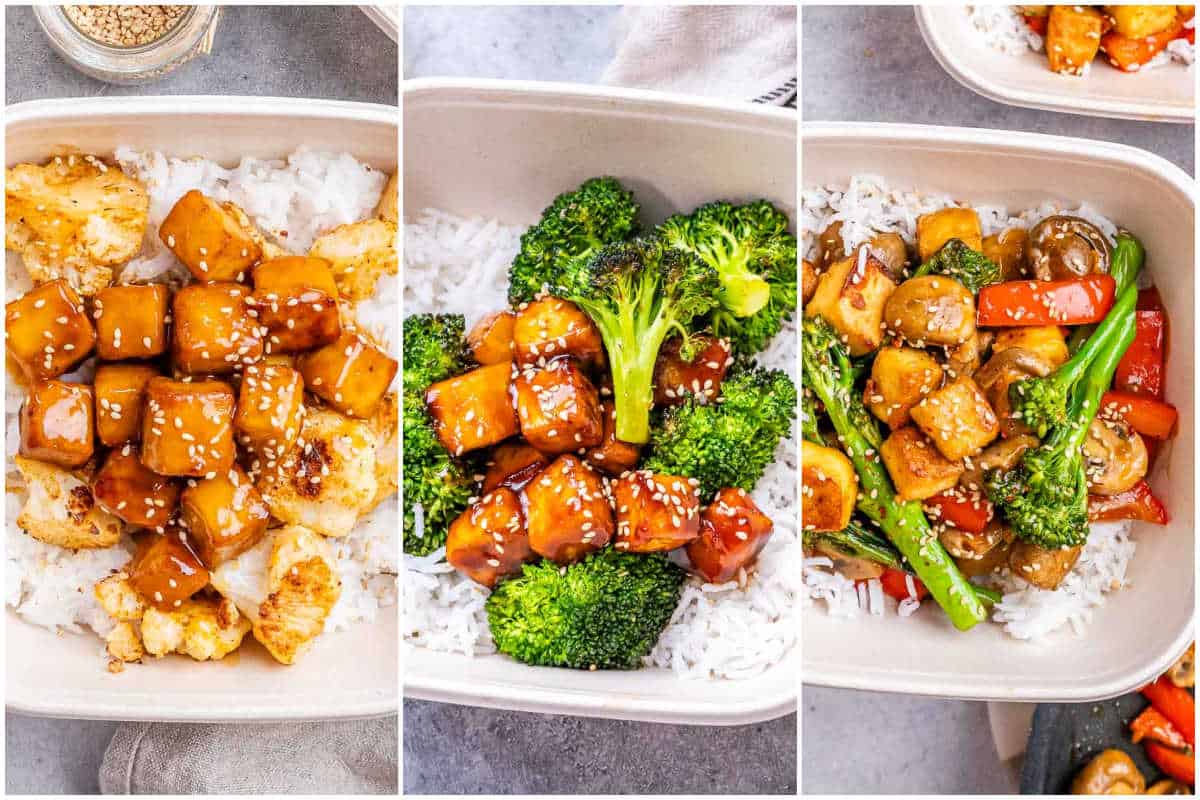 collage for 3 vegan meal prep recipes.