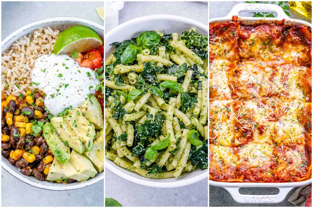 collage of 3 vegetarian dinners.