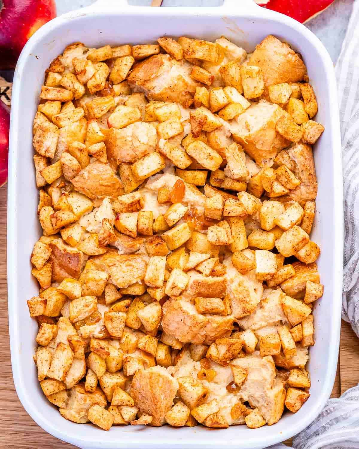 Apple pudding baked in a dish.