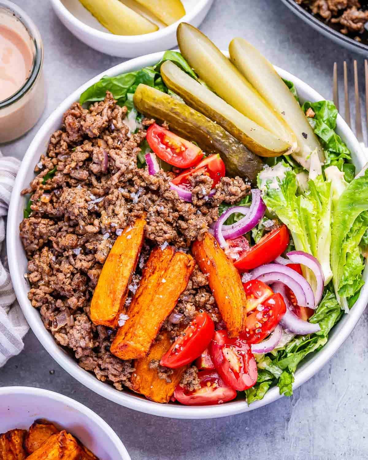 assembled cheeseburger bowl.