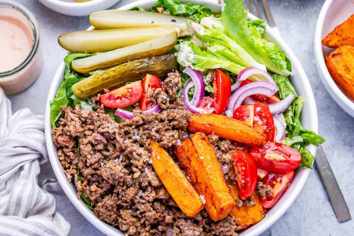 cheeseburger bowl assembled in a round dish.