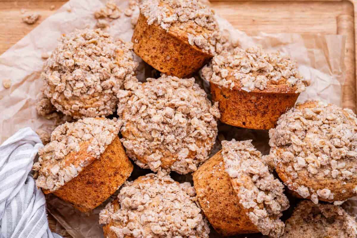 cinnamon Streusel muffins stacked over each other.
