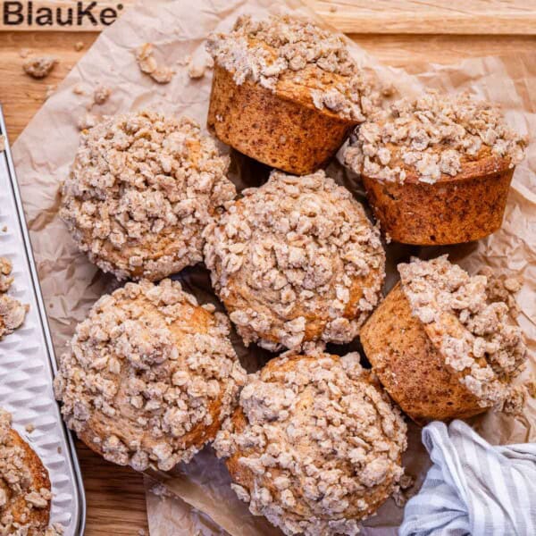 muffins in a bowl stacked over each other.