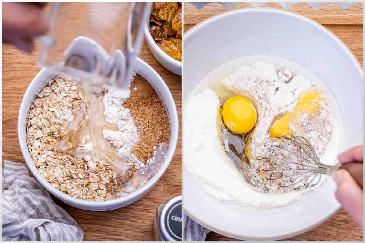 process shot to make the Streusel mixture and the wet ingredients in a bowl.