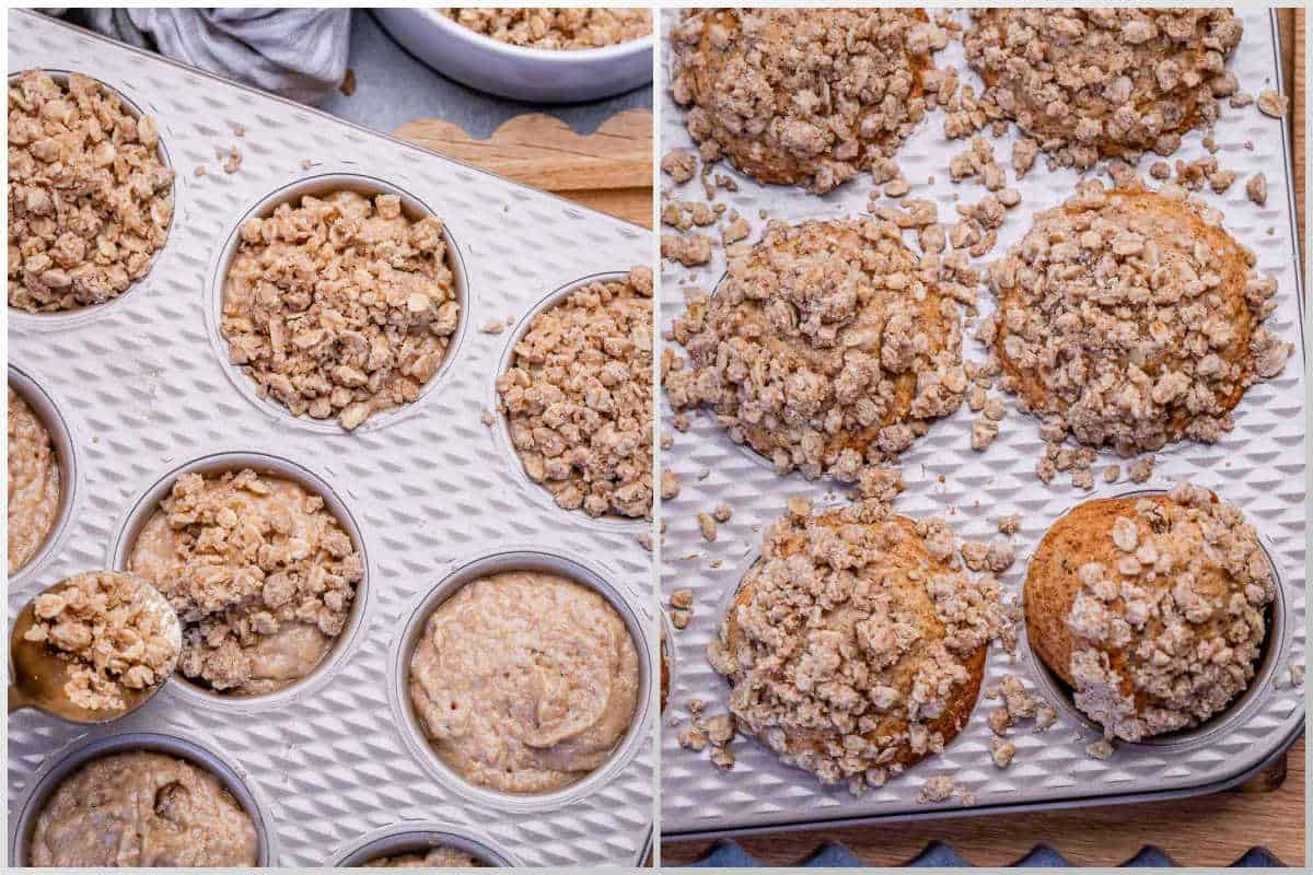 process shot of adding batter into the muffin tin pan and then baking.