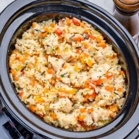 a slow cooker filled with cooked chicken and rice.