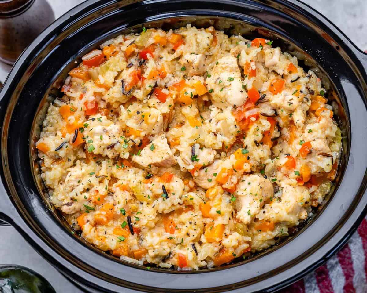 chicken and rice cooked in a slow cooker.
