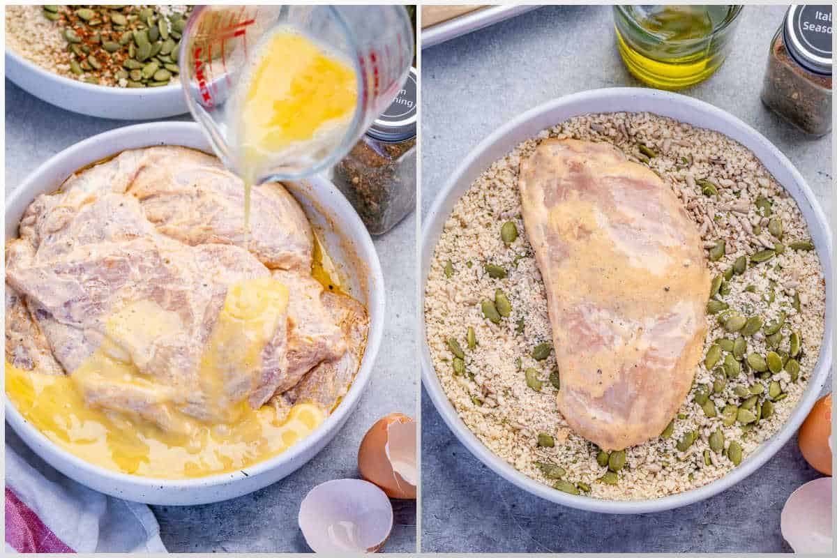 adding the beaten eggs into the marinated chicken bowl, then breading the chicken in the breading bowl.