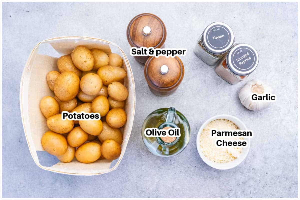 ingredients for air fryer baby potatoes with garlic and parmesan.