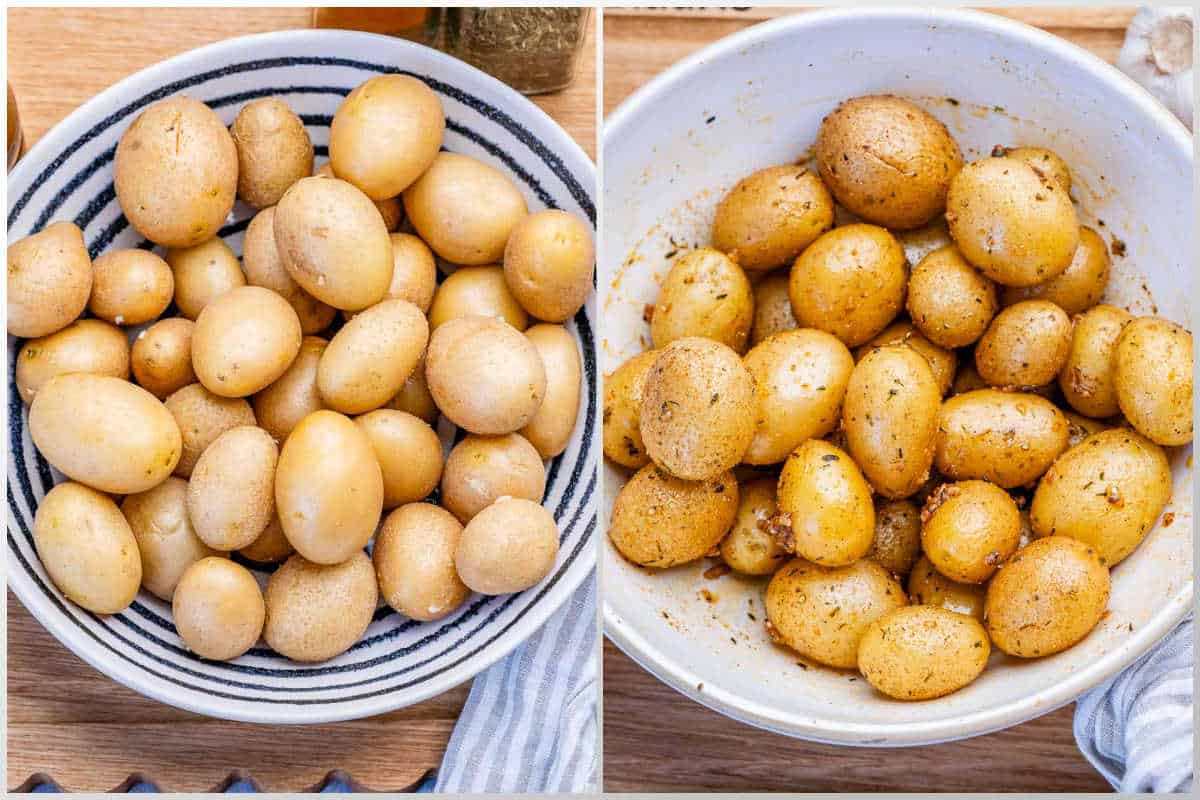 baby potatoes washed and seasoned in a bowl.