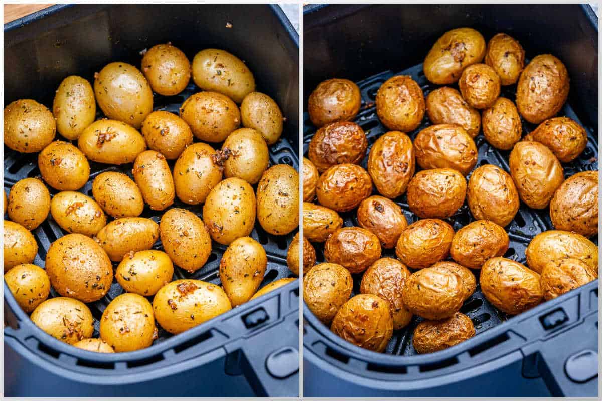 process shot to air fry potatoes in an air fryer basket.