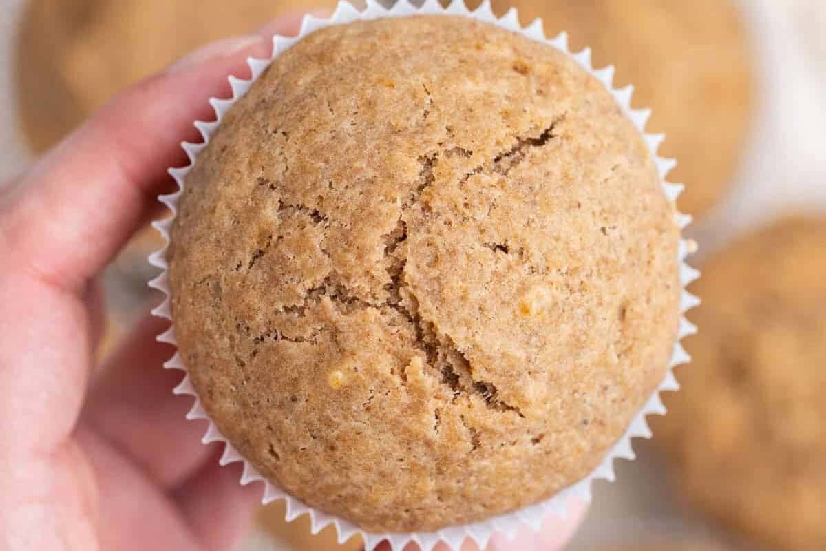 Hand holding an applesauce muffin.