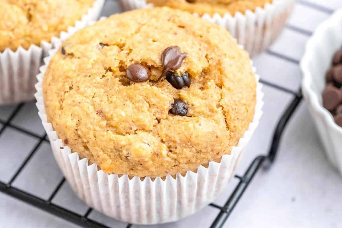 Baked muffin cooling on a wire rack.