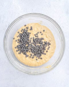 chocolate chips to the batter in a bowl.